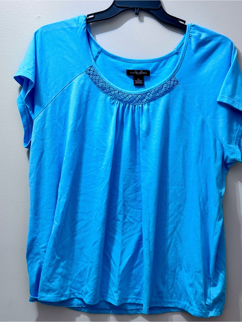 Earth Angels Blue Short Sleeve Top with Crocheted Neckline, Size 2X